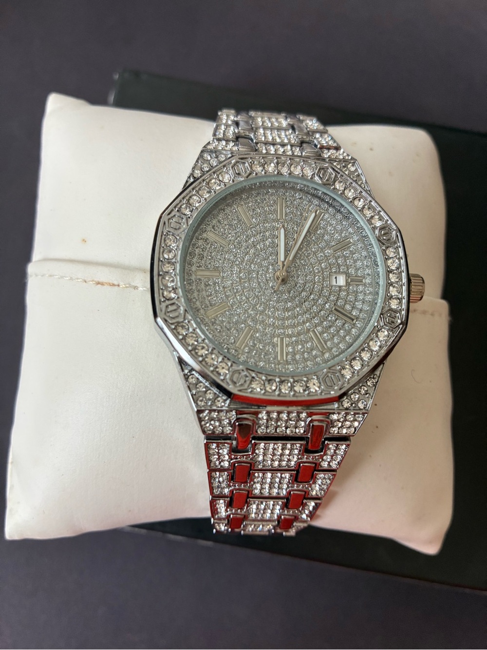 Silver Toned Crystal Pavé Men's Bracelet Watch (fashion jewelry)